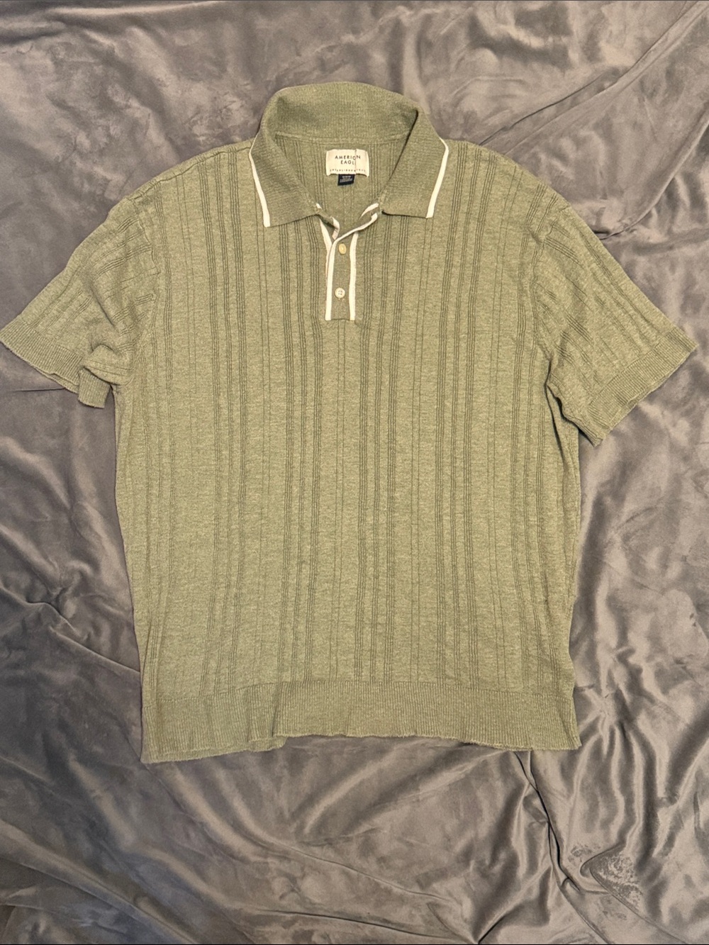 American Eagle Sage Green Knit Polo with Contrast Trim